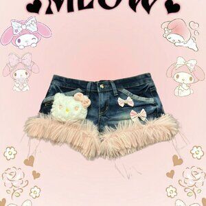 Adorable denim shorts with fluffy pink fur trim and Hello Kitty bow